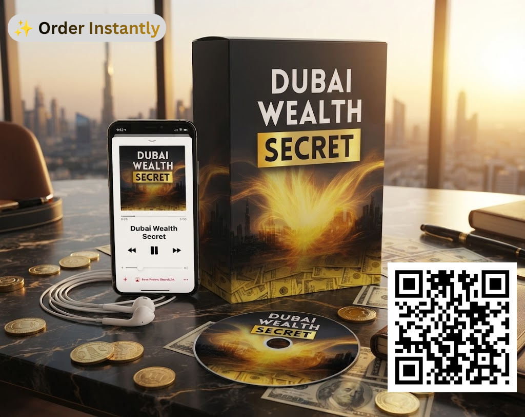 Dubai Wealth Secret audio program on a desk overlooking the Dubai skyline