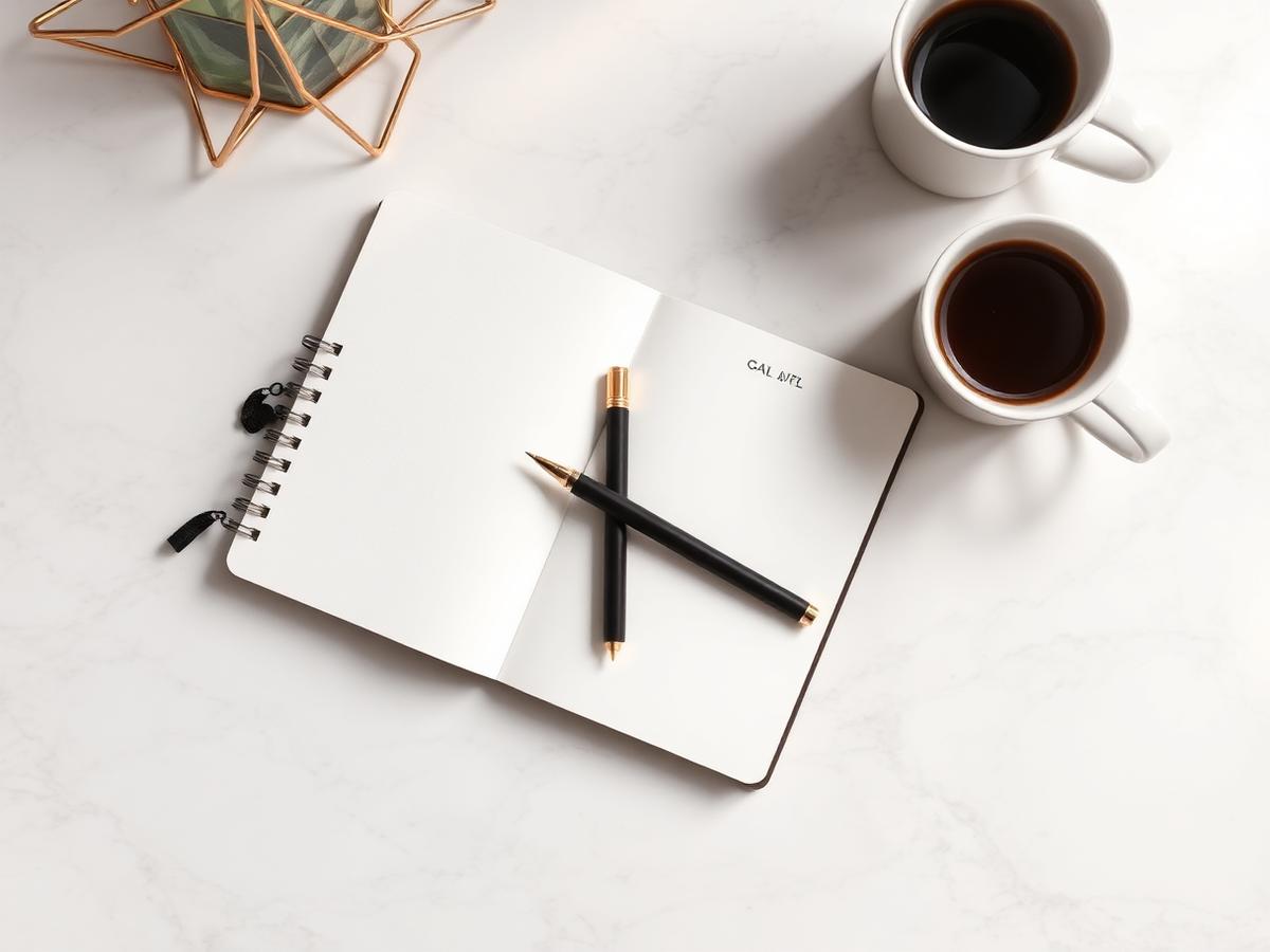 Goal setting journal and pen on a marble desk
